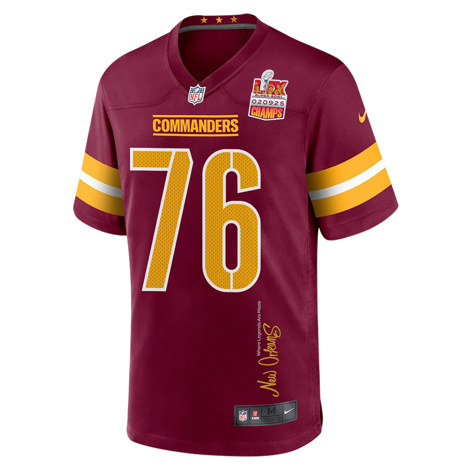 Sam Cosmi 76 Washington Commanders Super Bowl LIX Champions Patch New Orleans Where Legends Are Made' EMBROIDERED Game Burgundy NFL Jersey Men's