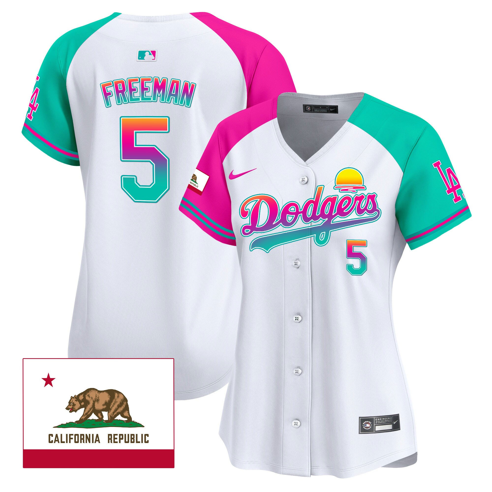 Freddie Freeman 5 Los Angeles Dodgers 2024 Los Angeles City Style California Republic Patch Alternate MLB Jersey Women's
