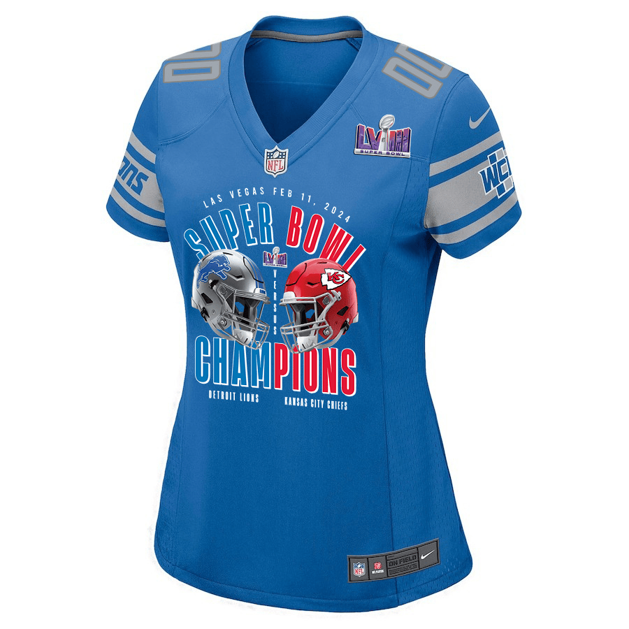 Detroit Lions vs. Kansas City Chiefs Super Bowl LVIII Matchup Game Custom Blue NFL Jersey Women's
