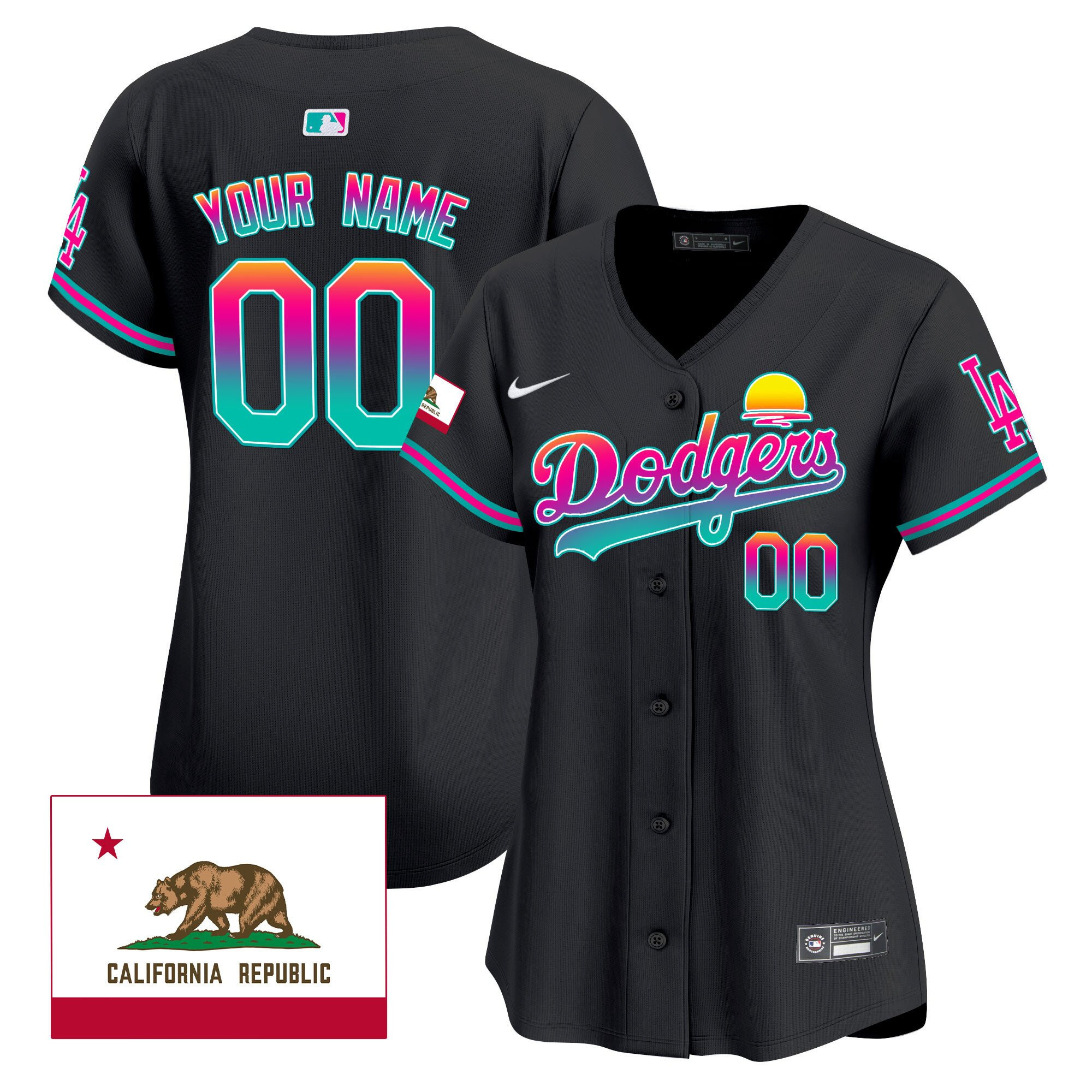 Los Angeles Dodgers 2024 Los Angeles City Style California Republic Patch Custom Black MLB Jersey Women's