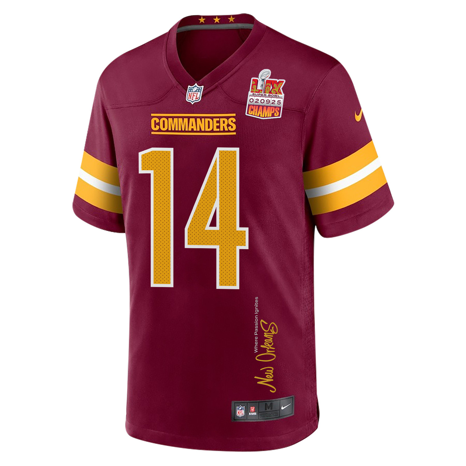 Olamide Zaccheaus 14 Washington Commanders Super Bowl LIX Champions Patch New Orleans Where Passion Ignites' EMBROIDERED Game Burgundy NFL Jersey Men's