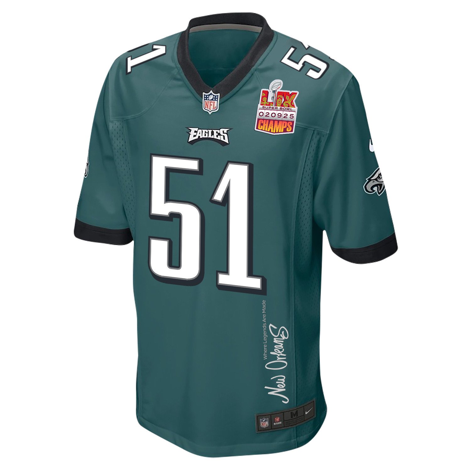 Cam Jurgens 51 Philadelphia Eagles Super Bowl LIX Champions Patch New Orleans Where Legends Are Made' EMBROIDERED Game Midnight Green NFL Jersey Men's