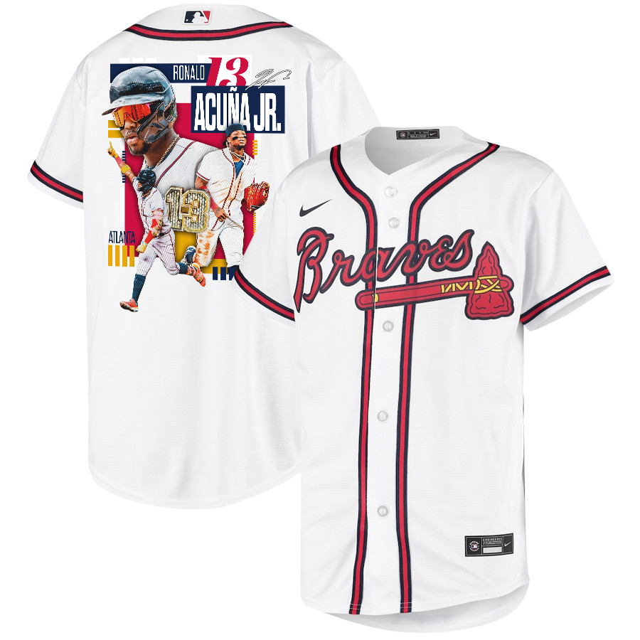 Ronald Acu?a Jr. 13 Atlanta Braves Signed MVP 2023 Home Player White Red MLB Jersey Youth