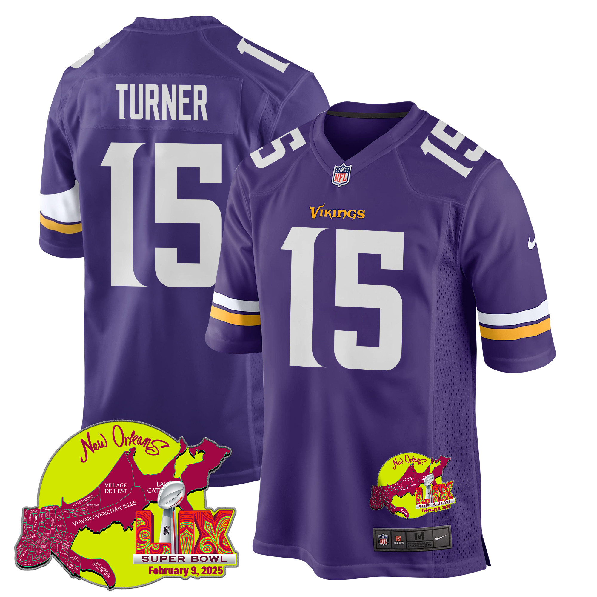 Dallas Turner 15 Minnesota Vikings Super Bowl LIX New Orleans Patch Game Purple NFL Jersey Men's