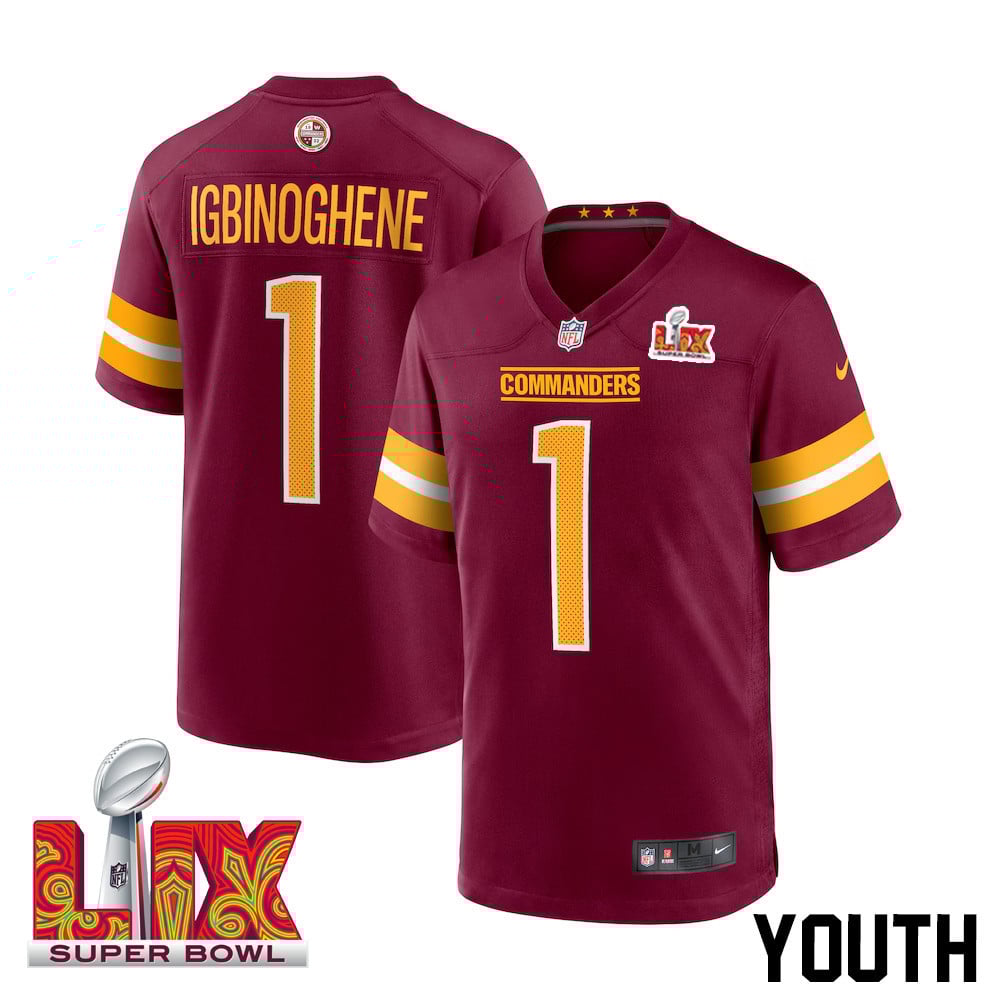 Noah Igbinoghene #1 Washington Commanders Super Bowl LIX Burgundy NFL Jersey Youth