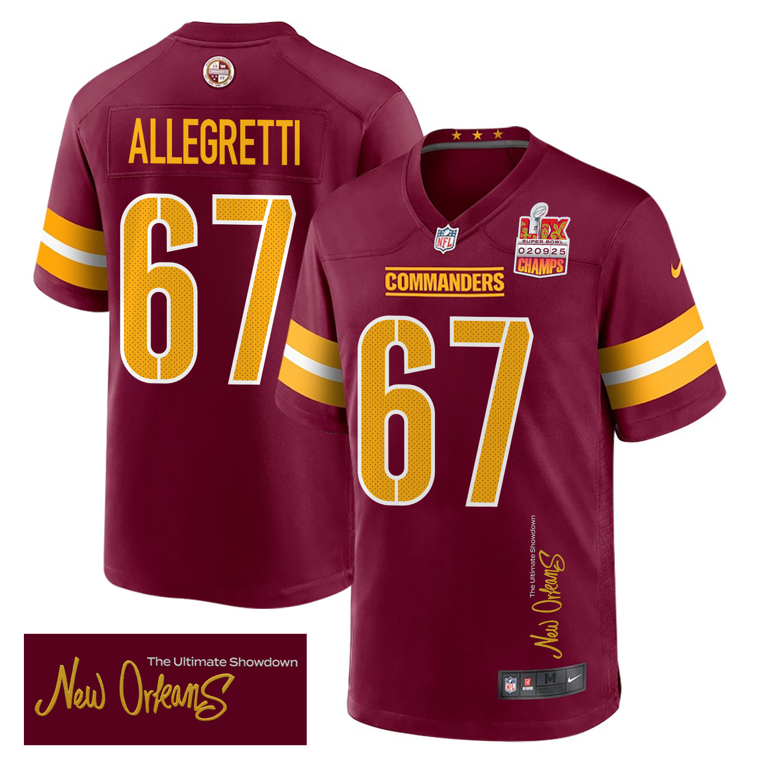 Nick Allegretti 67 Washington Commanders Super Bowl LIX Champions Patch New Orleans The Ultimate Showdown' EMBROIDERED Game Burgundy NFL Jersey Men's