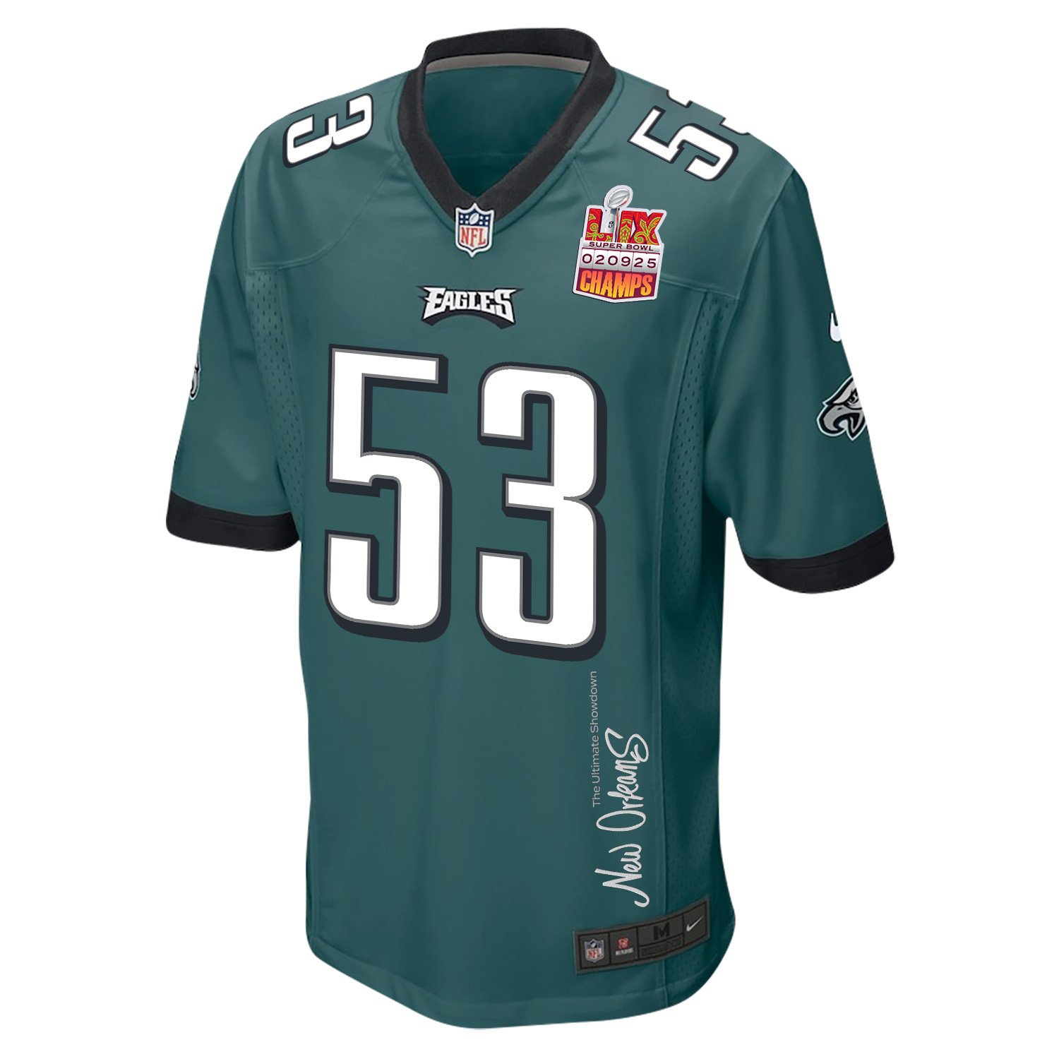 Zack Baun 53 Philadelphia Eagles Super Bowl LIX Champions Patch New Orleans The Ultimate Showdown' EMBROIDERED Game Midnight Green NFL Jersey Men's