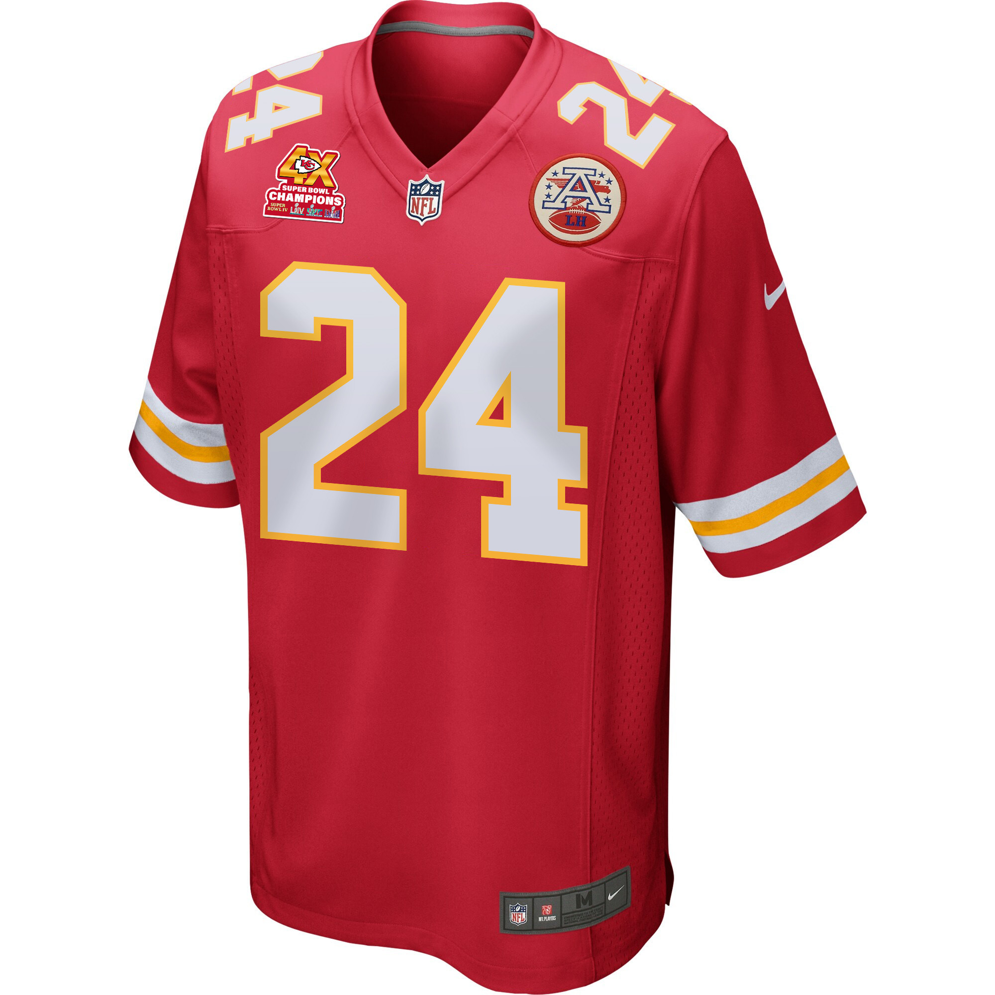 Skyy Moore 24 Kansas City Chiefs Super Bowl LVIII Champions 4X Game Red NFL Jersey Men's