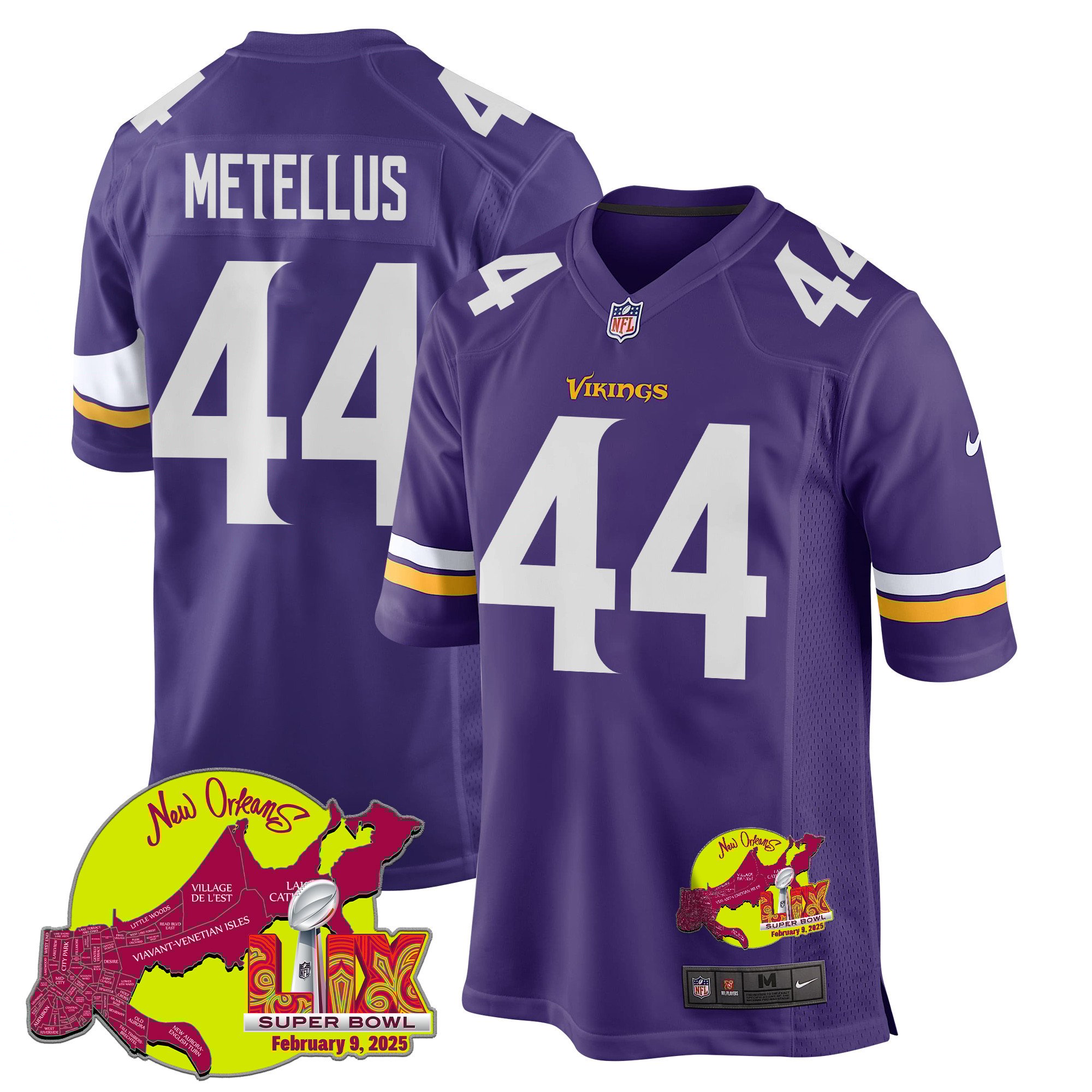 Joshua Metellus 44 Minnesota Vikings Super Bowl LIX New Orleans Patch Game Purple NFL Jersey Men's
