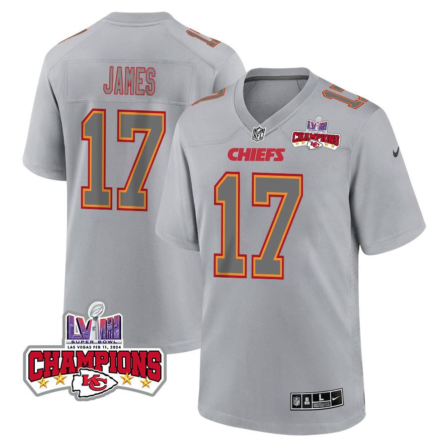 Richie James 17 Kansas City Chiefs Super Bowl LVIII Champions 4 Stars Patch Atmosphere Fashion Game Gray NFL Jersey Men's