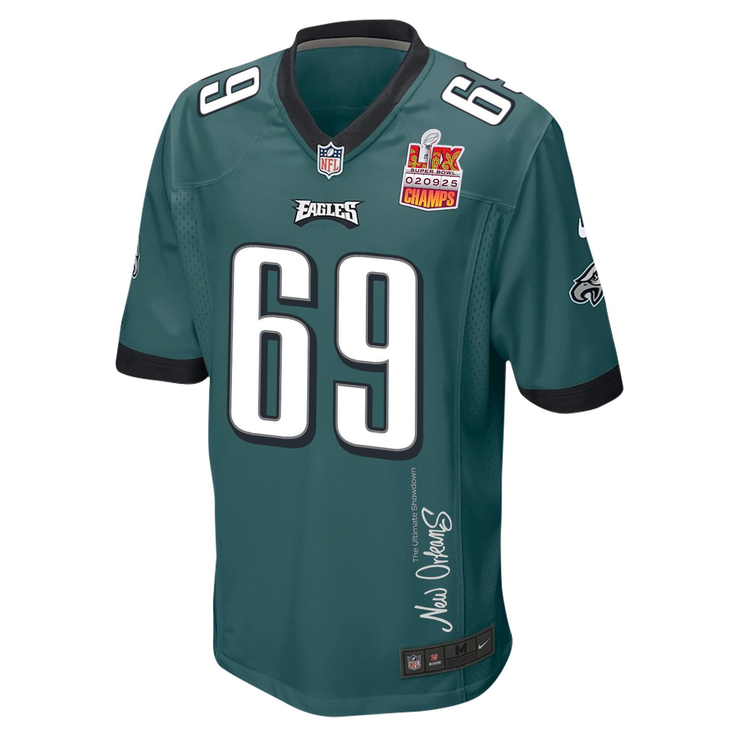 Landon Dickerson 69 Philadelphia Eagles Super Bowl LIX Champions Patch New Orleans The Ultimate Showdown' EMBROIDERED Game Midnight Green NFL Jersey Men's