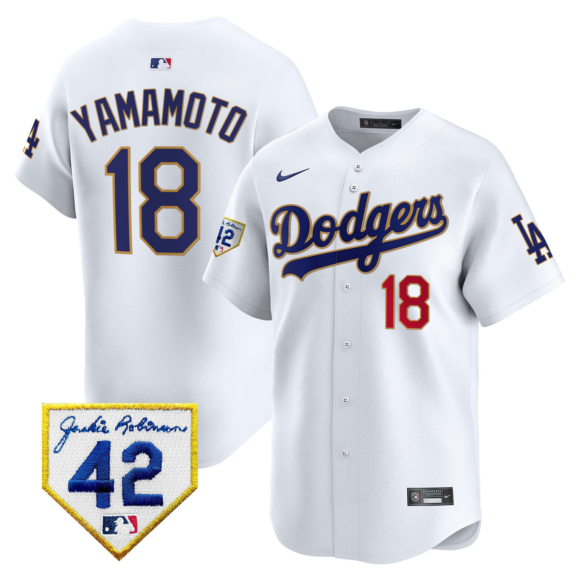 Yoshinobu Yamamoto 18 Los Angeles Dodgers 2024 Jackie Robinson Patch White MLB Jersey Men's