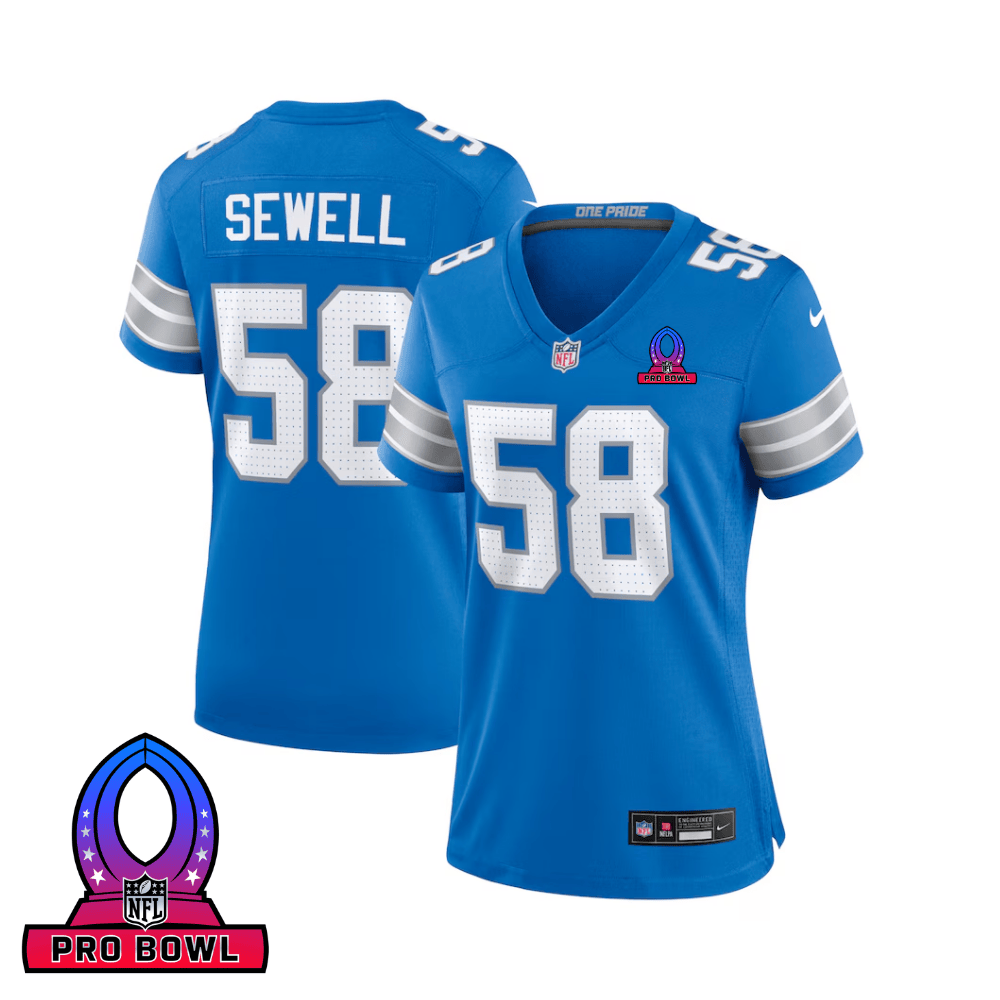 Penei Sewell 58 Detroit Lions 2025 Pro Bowl Patch Game Blue NFL Jersey Women's