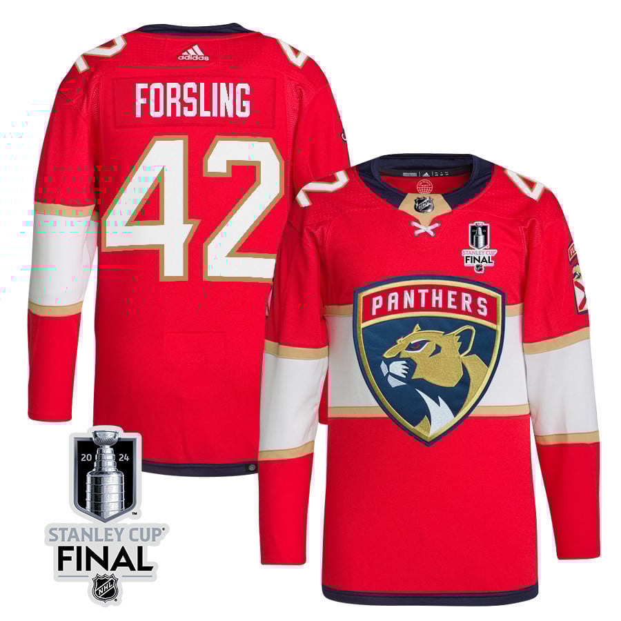 Gustav Forsling 42 Florida Panthers 2024 STANLEY CUP Final Home Breakaway Red NHL Jersey Men's