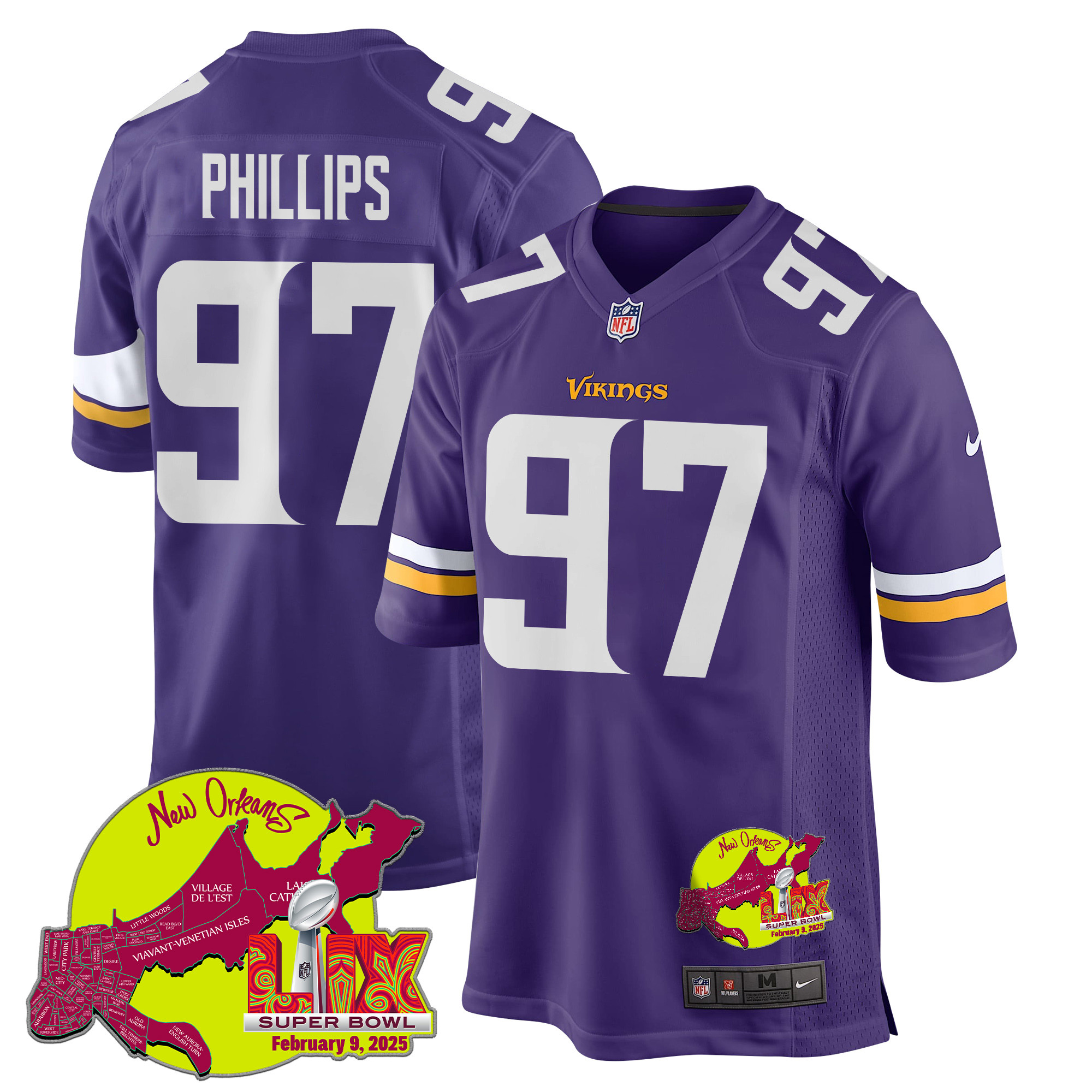 Harrison Phillips 97 Minnesota Vikings Super Bowl LIX New Orleans Patch Game Purple NFL Jersey Men's