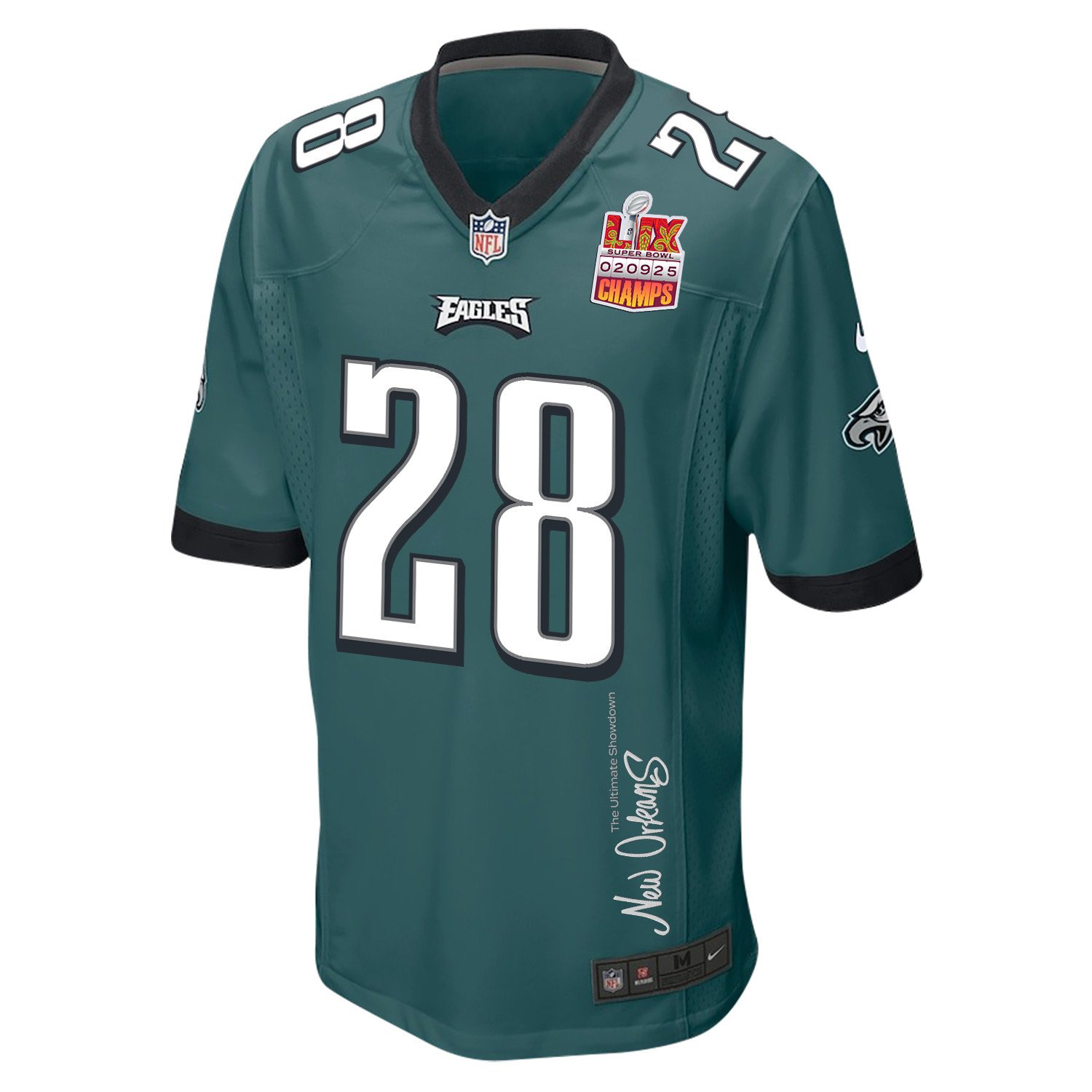 Will Shipley 28 Philadelphia Eagles Super Bowl LIX Champions Patch New Orleans The Ultimate Showdown' EMBROIDERED Game Midnight Green NFL Jersey Men's