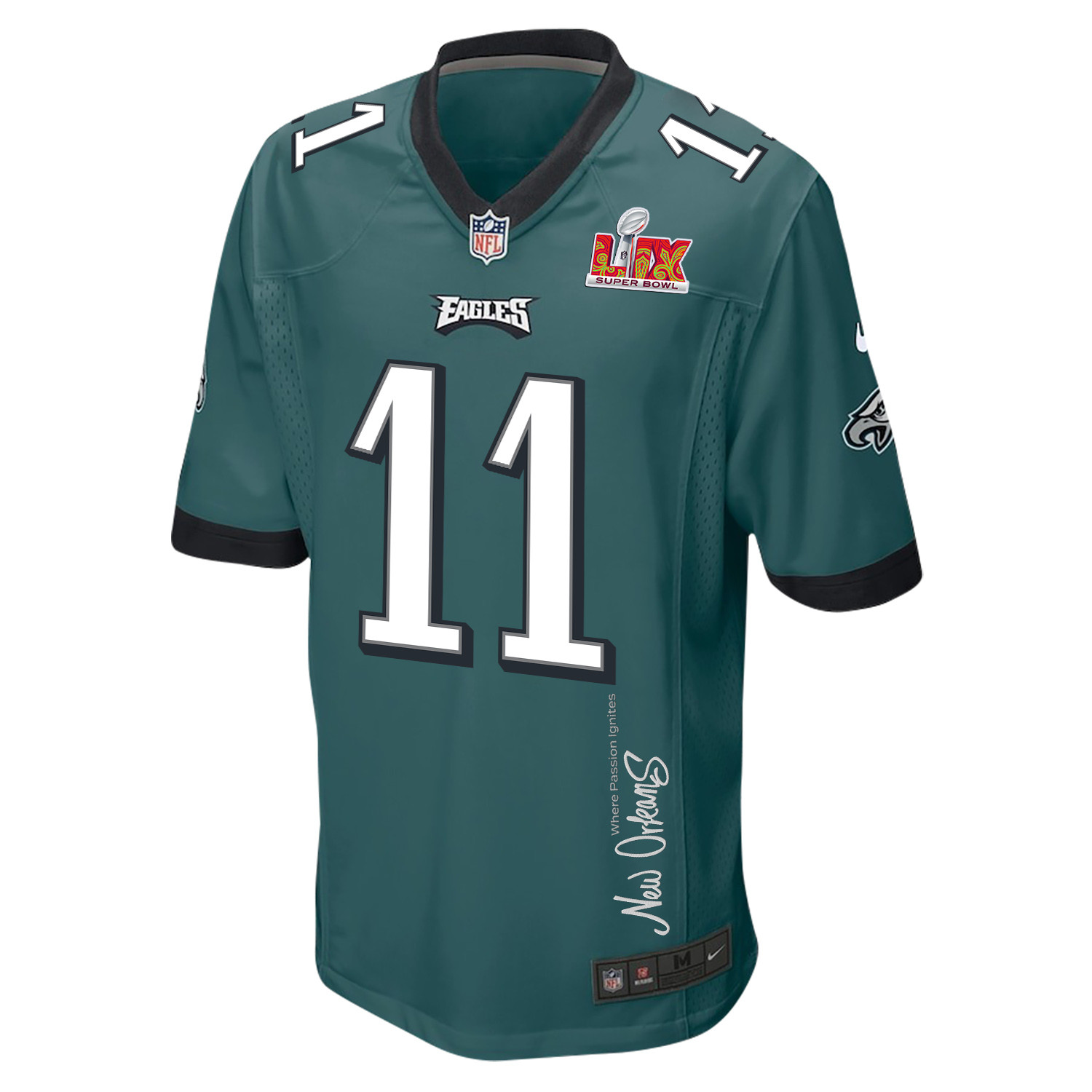 A.J. Brown 11 Philadelphia Eagles Super Bowl LIX New Orleans Where Passion Ignites' EMBROIDERED Game Midnight Green NFL Jersey Men's