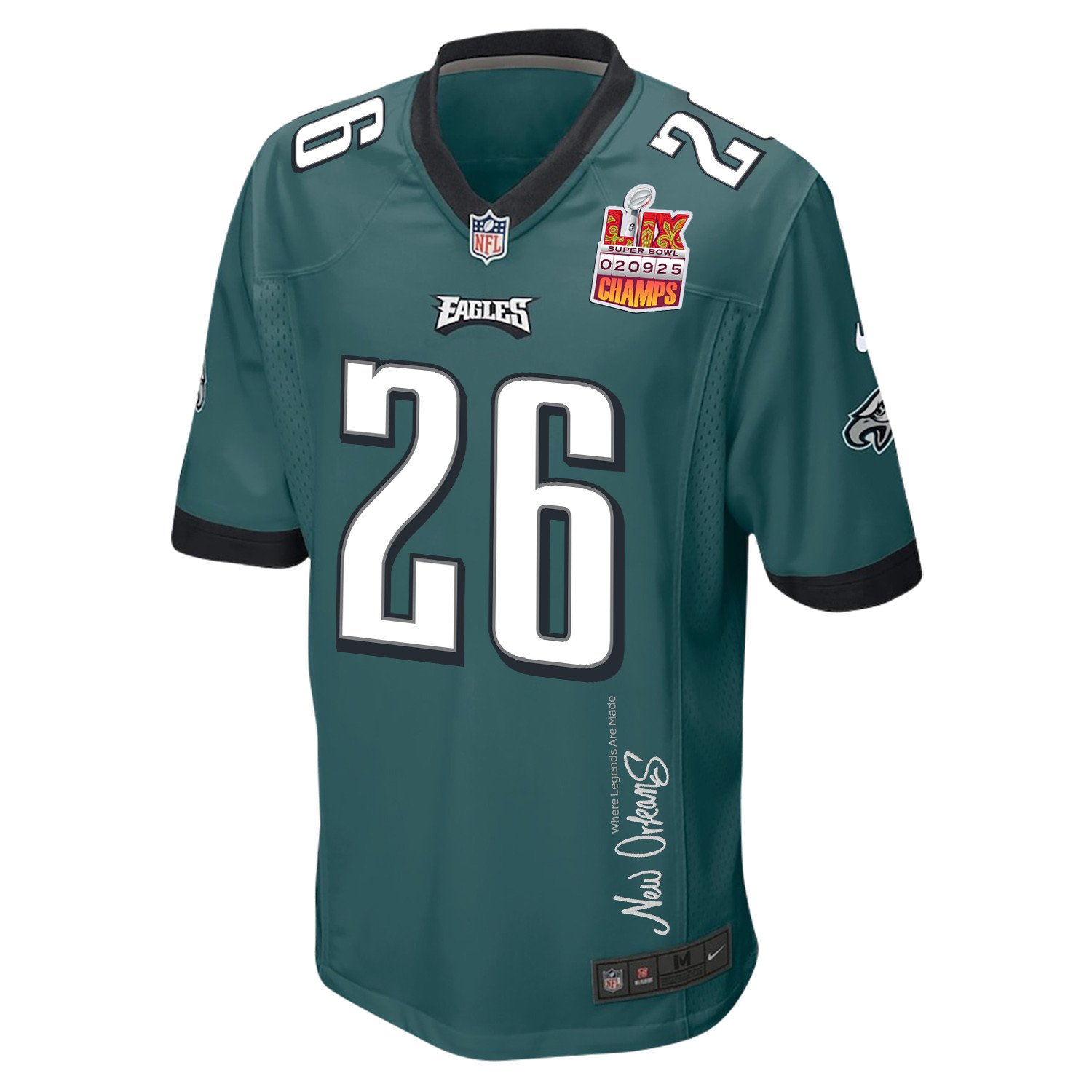 Saquon Barkley 26 Philadelphia Eagles Super Bowl LIX Champions Patch New Orleans Where Legends Are Made' EMBROIDERED Game Midnight Green NFL Jersey Men's