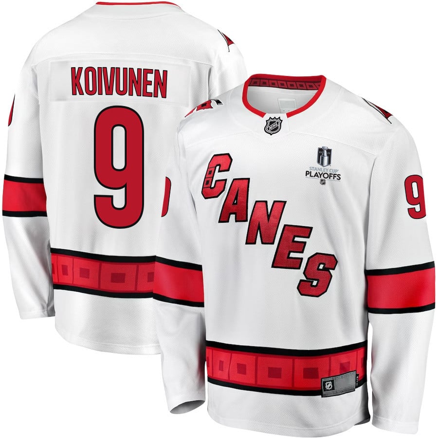 Ville Koivunen 9 Carolina Hurricanes Stanley Cup 2023 Playoffs Patch Away Breakaway White NHL Jersey Men's