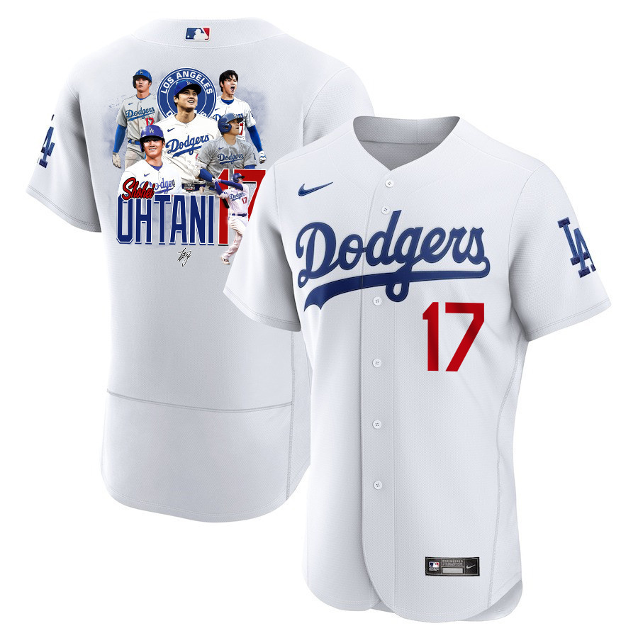 Shohei Ohtani 17 Los Angeles Dodgers Signed Collage Arts 2023 Home ELITE White MLB Jersey Men's