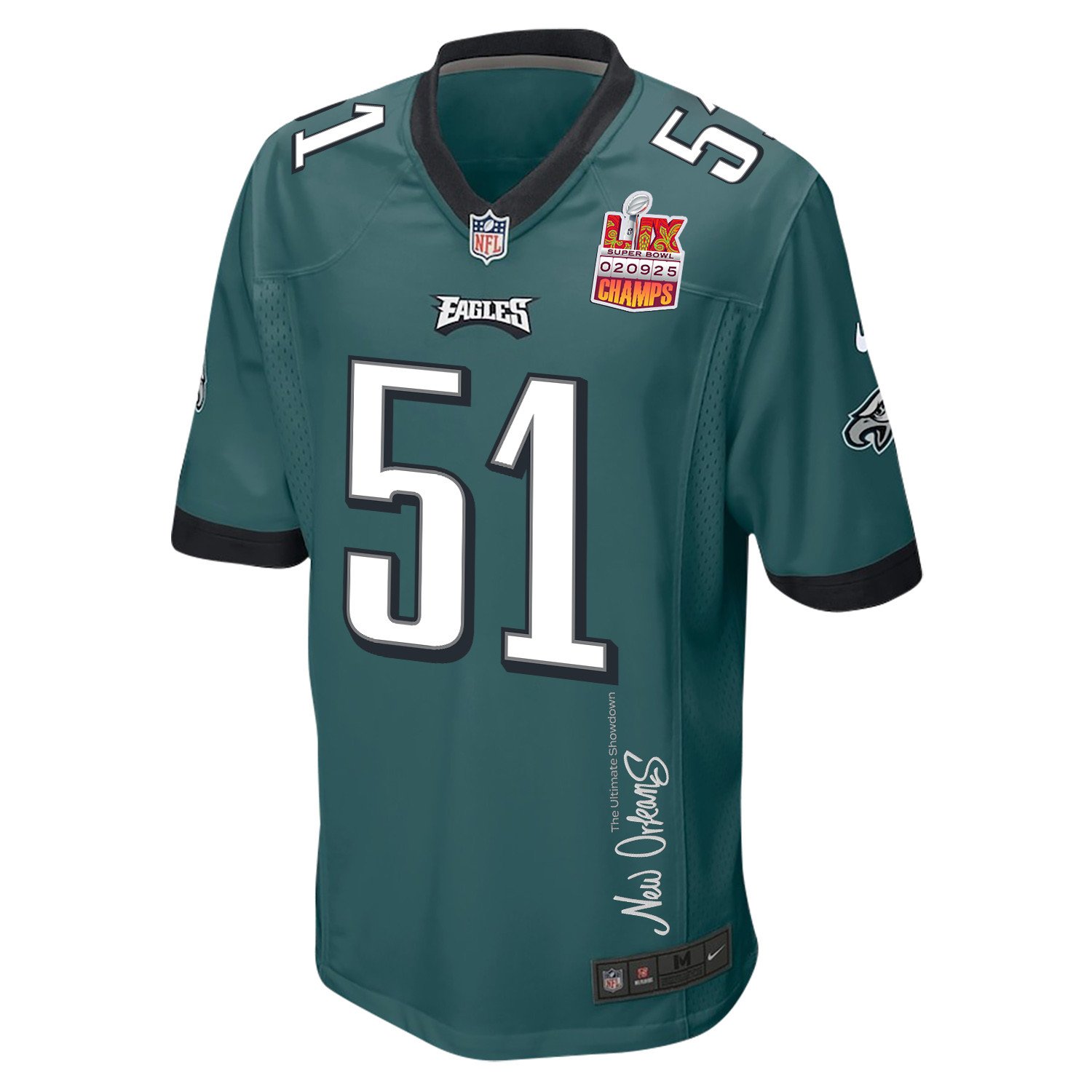 Cam Jurgens 51 Philadelphia Eagles Super Bowl LIX Champions Patch New Orleans The Ultimate Showdown' EMBROIDERED Game Midnight Green NFL Jersey Men's