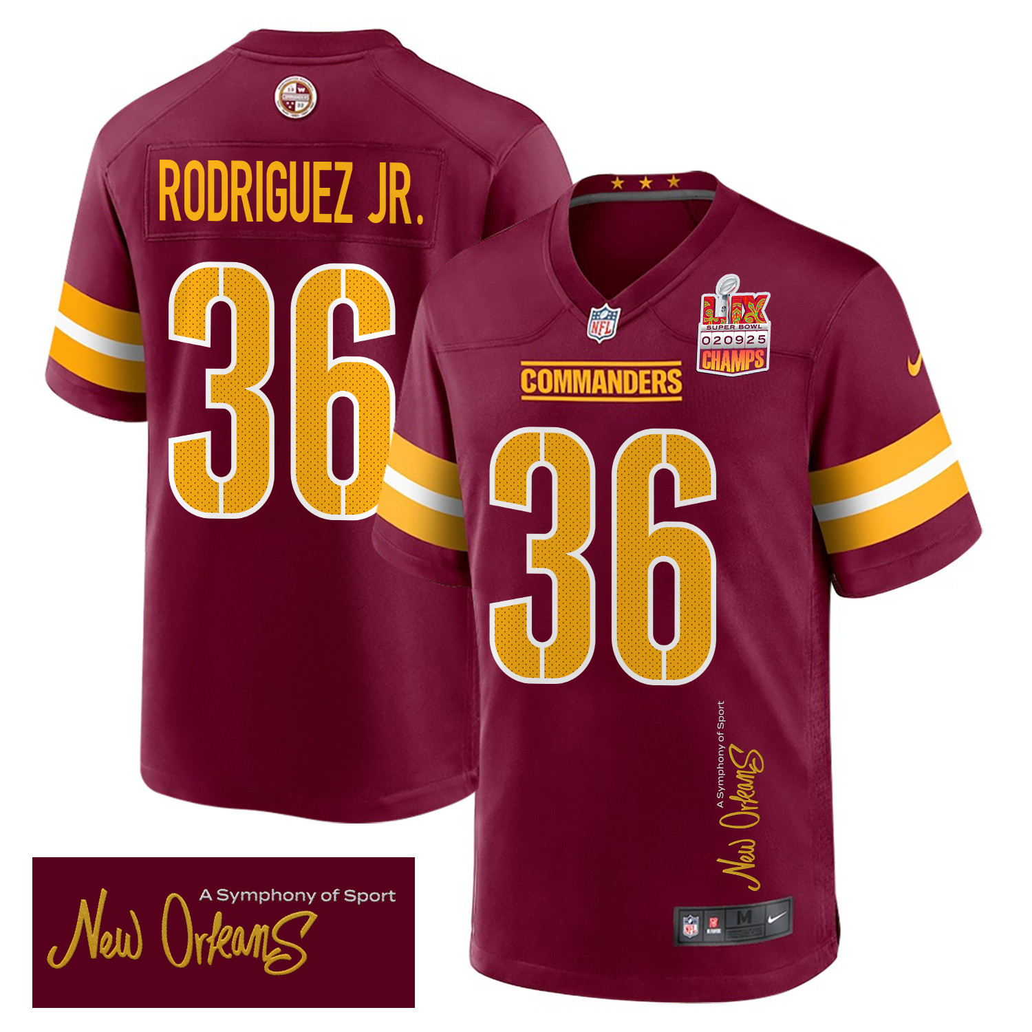 Chris Rodriguez Jr. 36 Washington Commanders Super Bowl LIX Champions Patch New Orleans A Symphony of Sport' EMBROIDERED Game Burgundy NFL Jersey Men's