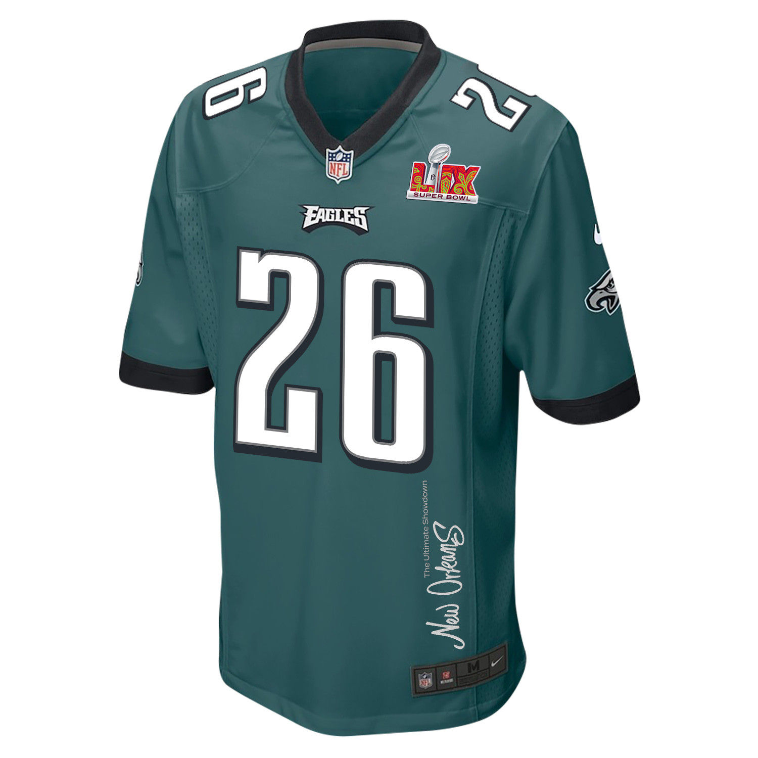 Saquon Barkley 26 Philadelphia Eagles Super Bowl LIX New Orleans The Ultimate Showdown' EMBROIDERED Game Midnight Green NFL Jersey Men's