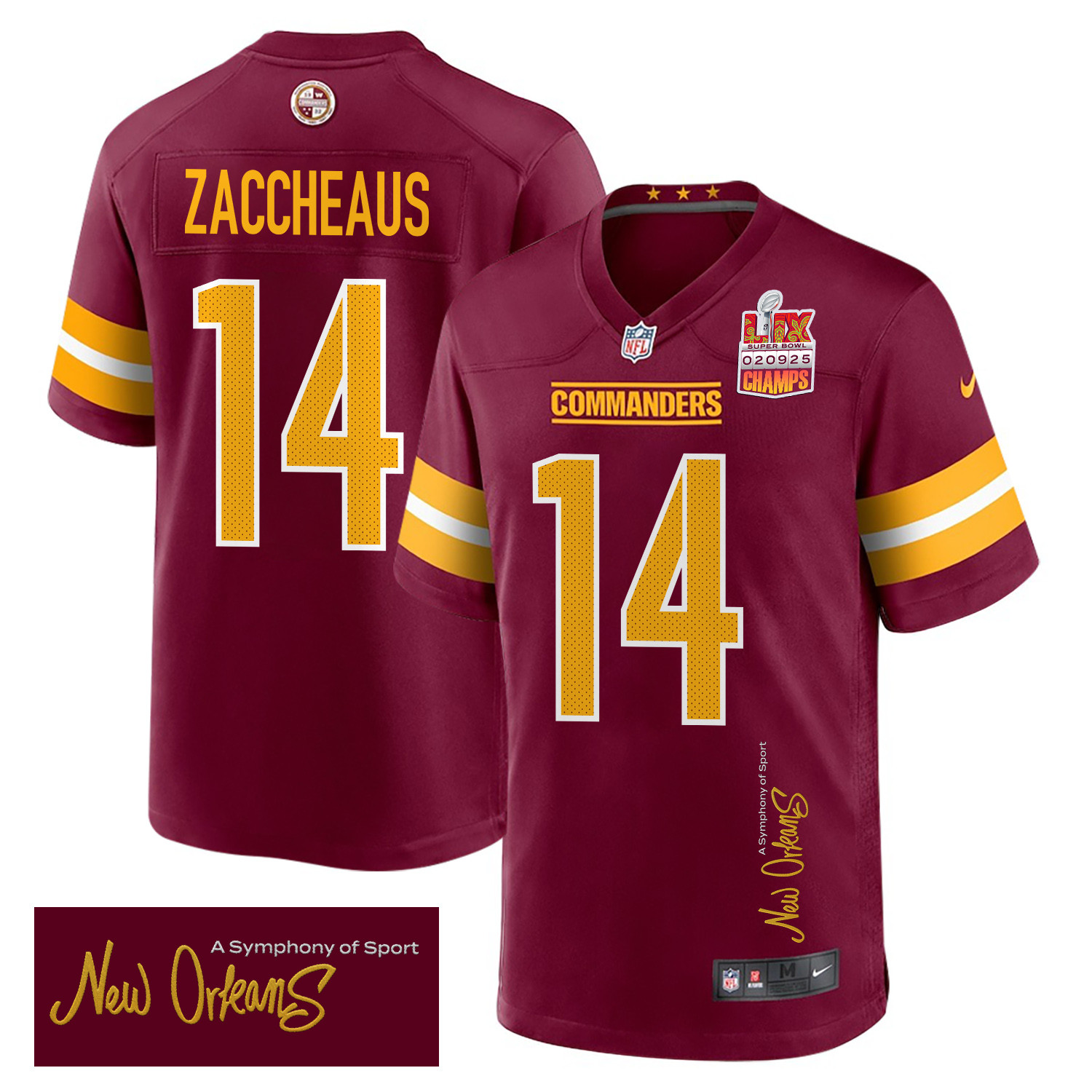Olamide Zaccheaus 14 Washington Commanders Super Bowl LIX Champions Patch New Orleans A Symphony of Sport' EMBROIDERED Game Burgundy NFL Jersey Men's