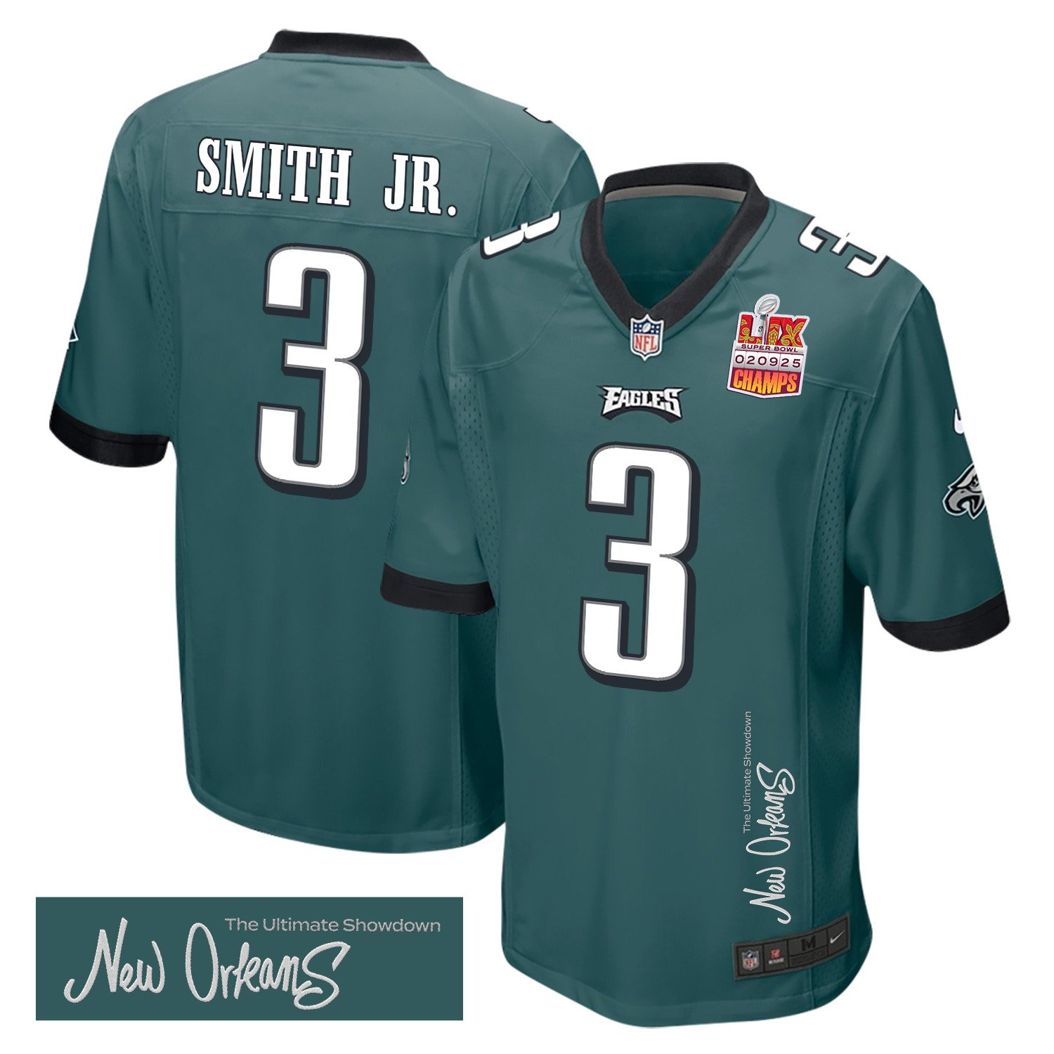 Nolan Smith Jr. 3 Philadelphia Eagles Super Bowl LIX Champions Patch New Orleans The Ultimate Showdown' EMBROIDERED Game Midnight Green NFL Jersey Men's
