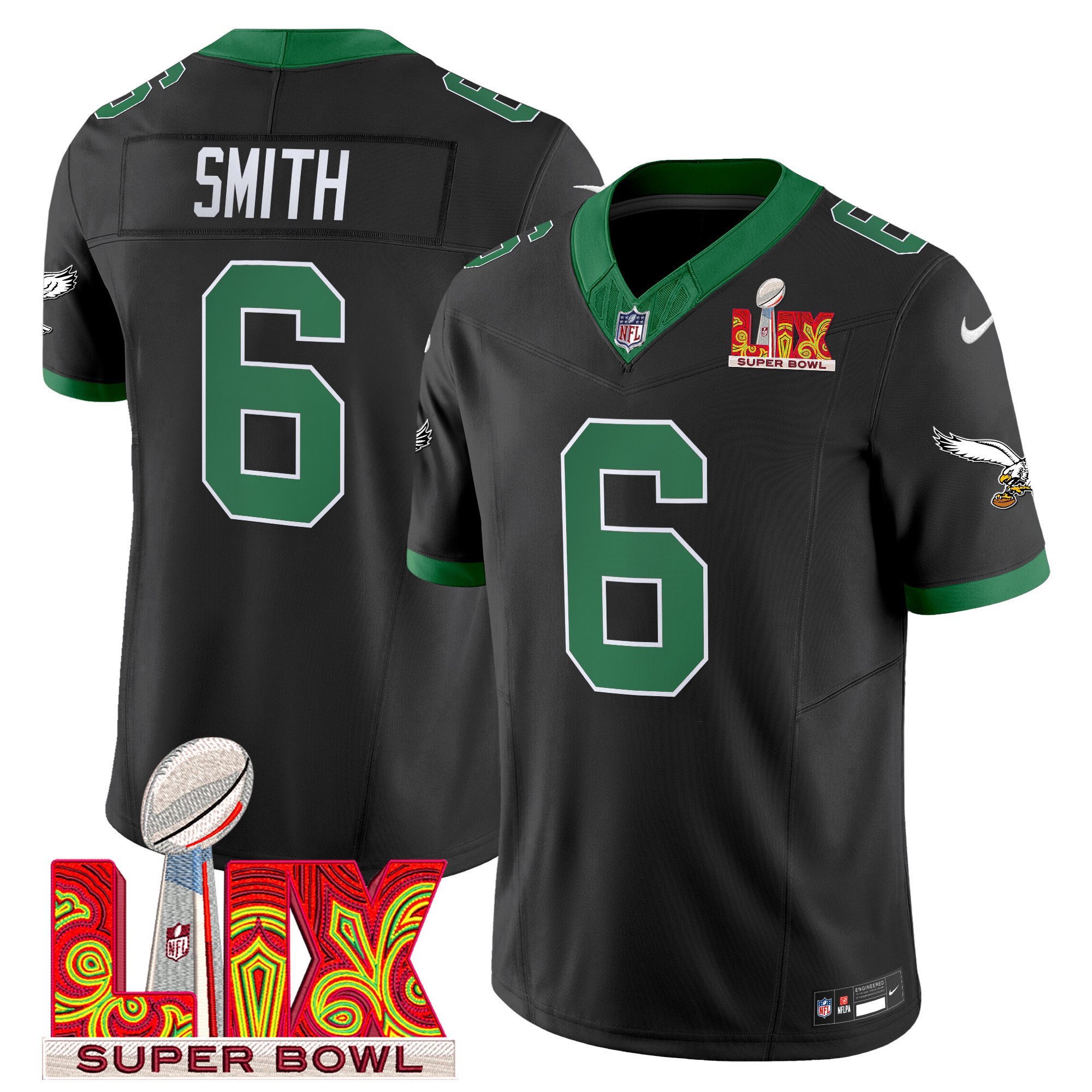 DeVonta Smith 6 Philadelphia Eagles Kelly Green Super Bowl Champions LIX Patch Vapor Limited Black NFL Jersey Men's