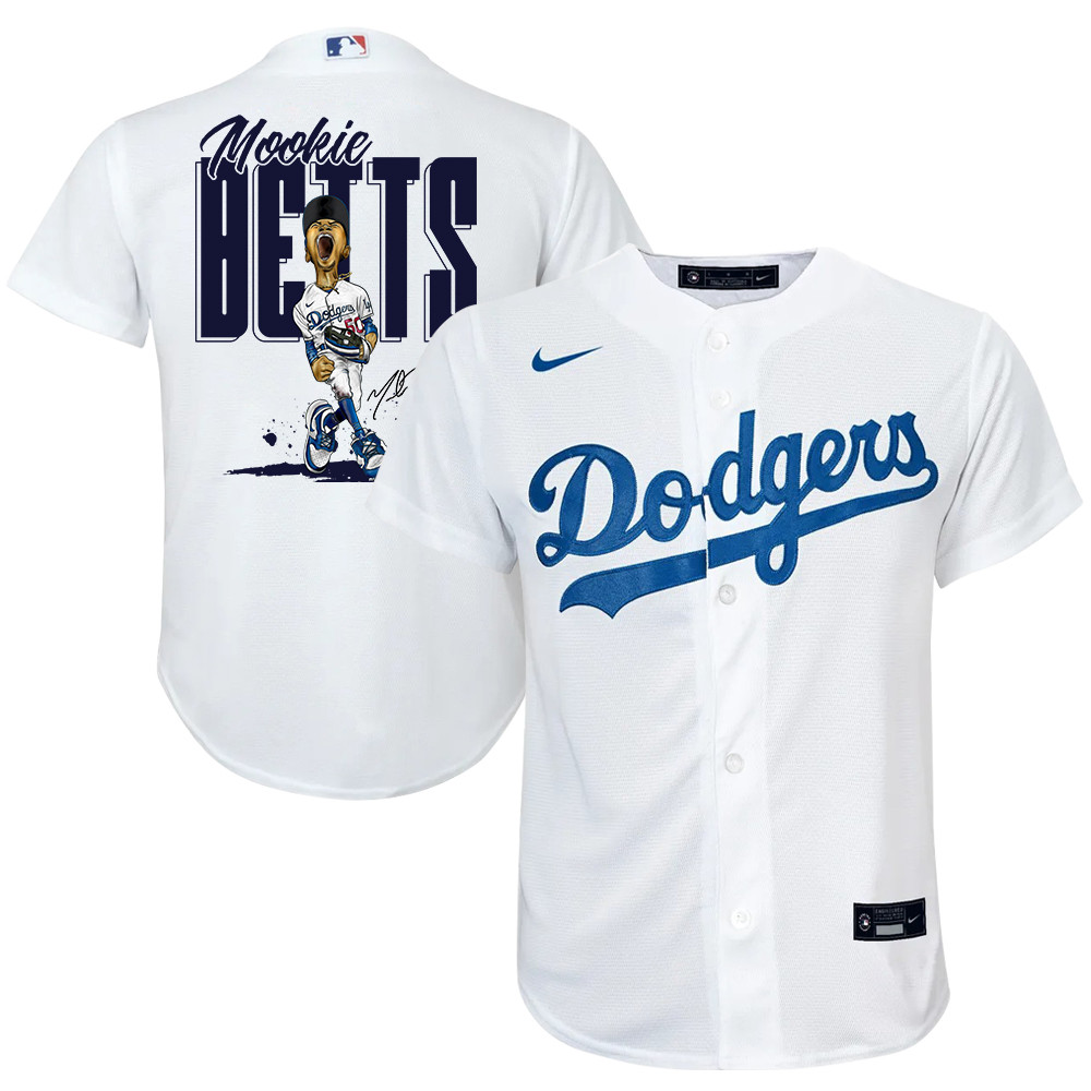 Mookie Betts 50 Los Angeles Dodgers Signed Cartoon 2023 Home Player White MLB Jersey Youth