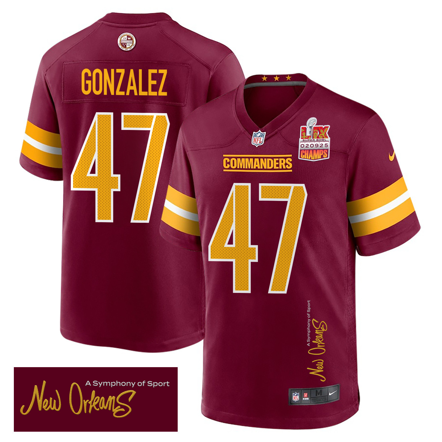 Zane Gonzalez 47 Washington Commanders Super Bowl LIX Champions Patch New Orleans A Symphony of Sport' EMBROIDERED Game Burgundy NFL Jersey Men's