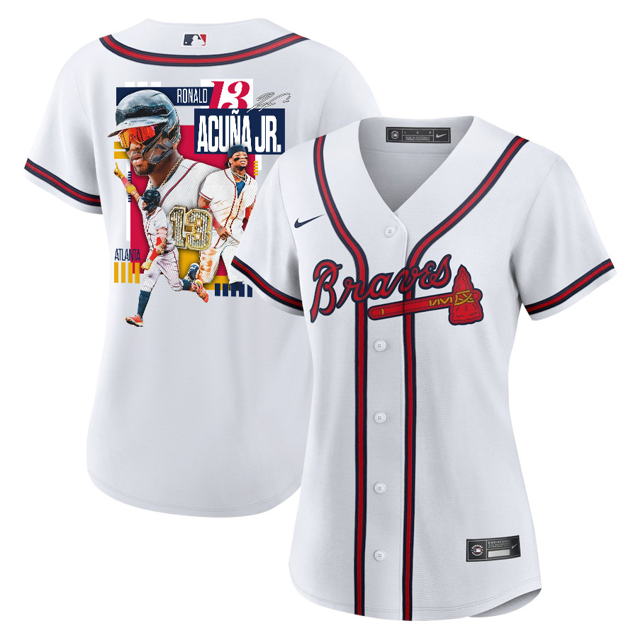 Ronald Acu?a Jr. 13 Atlanta Braves Signed MVP 2023 Home Player White Red MLB Jersey Women's