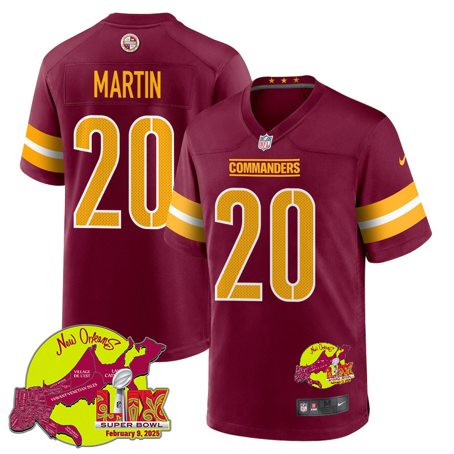 Quan Martin 20 Washington Commanders Super Bowl LIX New Orleans Patch Game Burgundy NFL Jersey Men's