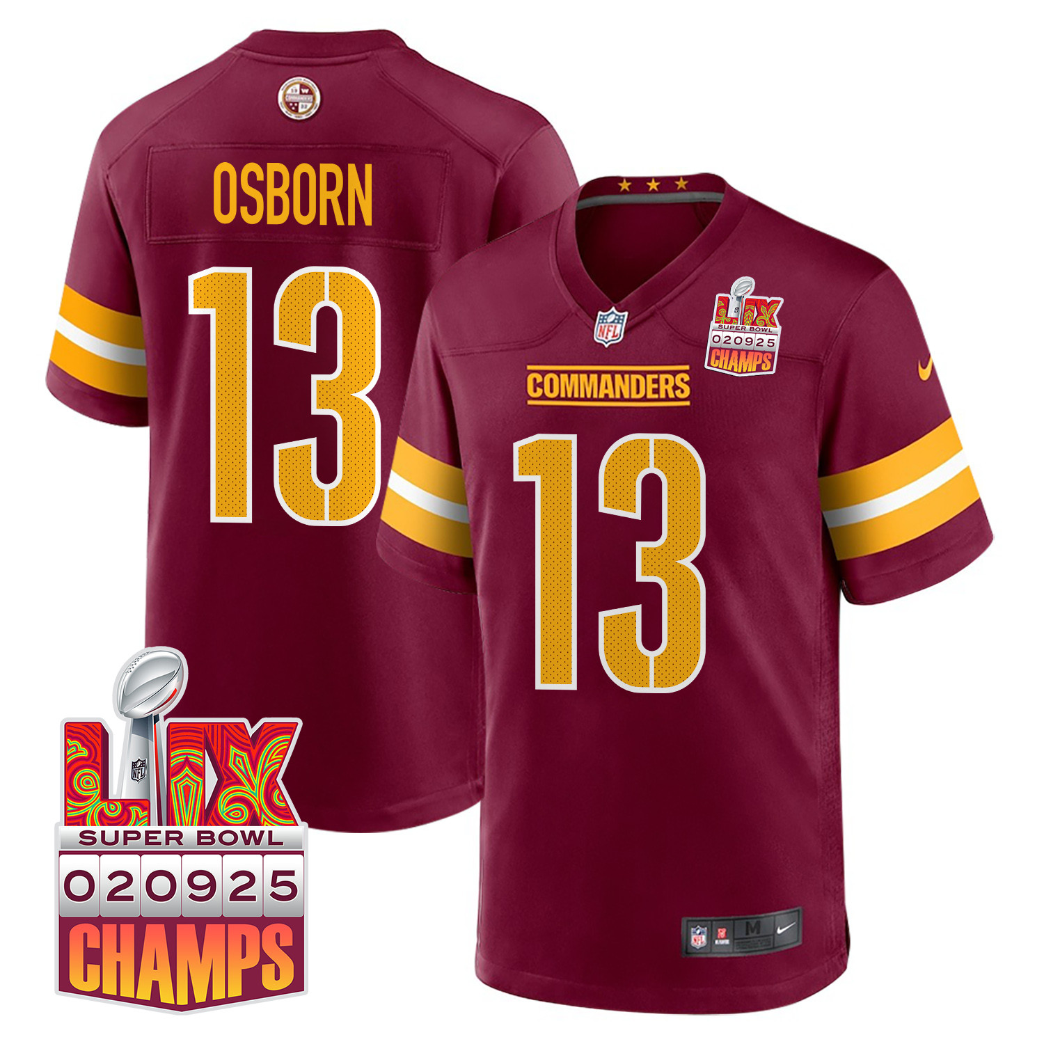 K.J. Osborn 13 Washington Commanders Super Bowl LIX Champions Patch Game Burgundy NFL Jersey Men's