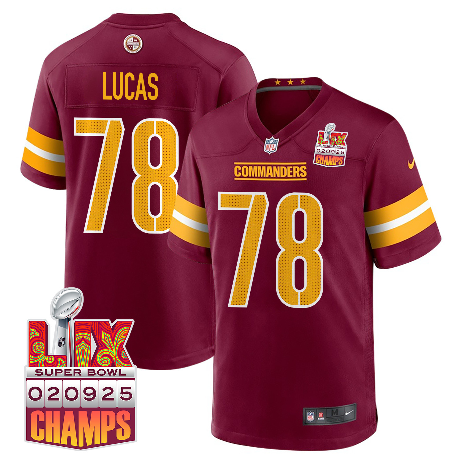 Cornelius Lucas 78 Washington Commanders Super Bowl LIX Champions Patch Game Burgundy NFL Jersey Men's