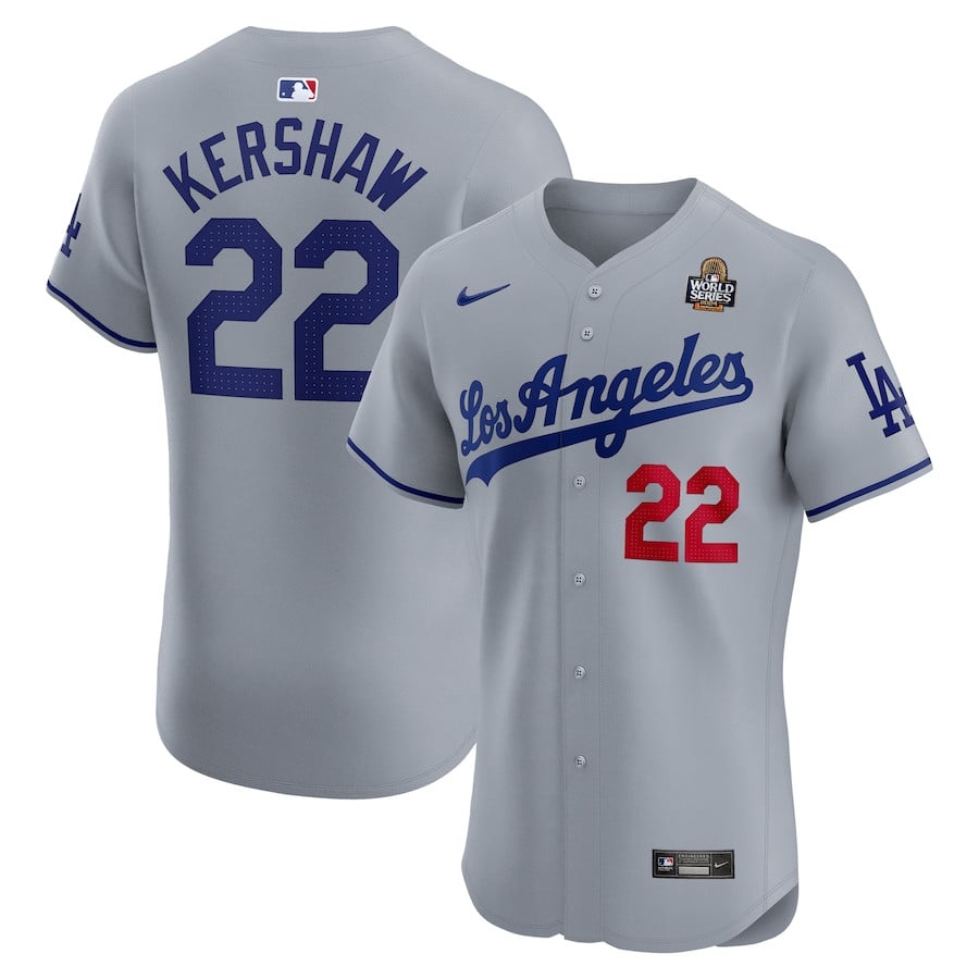 Clayton Kershaw 22 Los Angeles Dodgers 2024 World Series Road Elite Player Gray MLB Jersey Men's