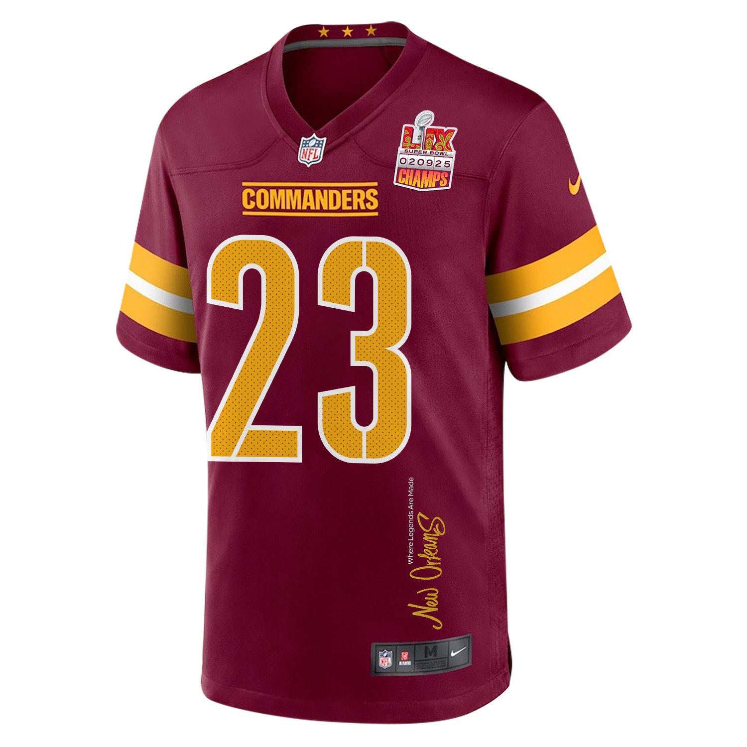 Marshon Lattimore 23 Washington Commanders Super Bowl LIX Champions Patch New Orleans Where Legends Are Made' EMBROIDERED Game Burgundy NFL Jersey Men's
