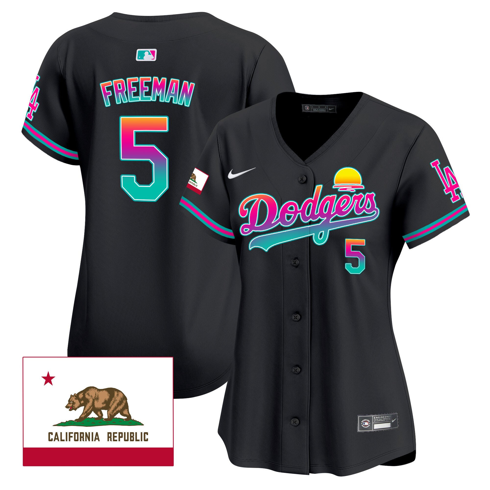 Freddie Freeman 5 Los Angeles Dodgers 2024 Los Angeles City Style California Republic Patch Black MLB Jersey Women's