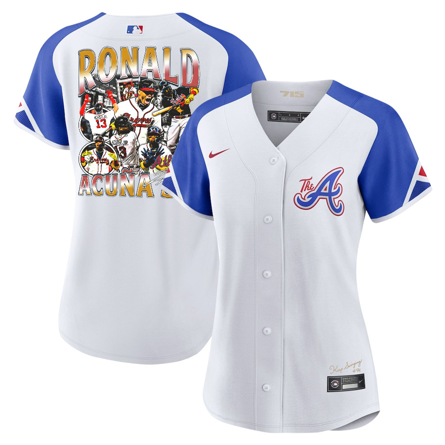 Ronald Acu?a Jr. 13 Atlanta Braves Signed Posture 2023 City Connect Player White Blue MLB Jersey Women's