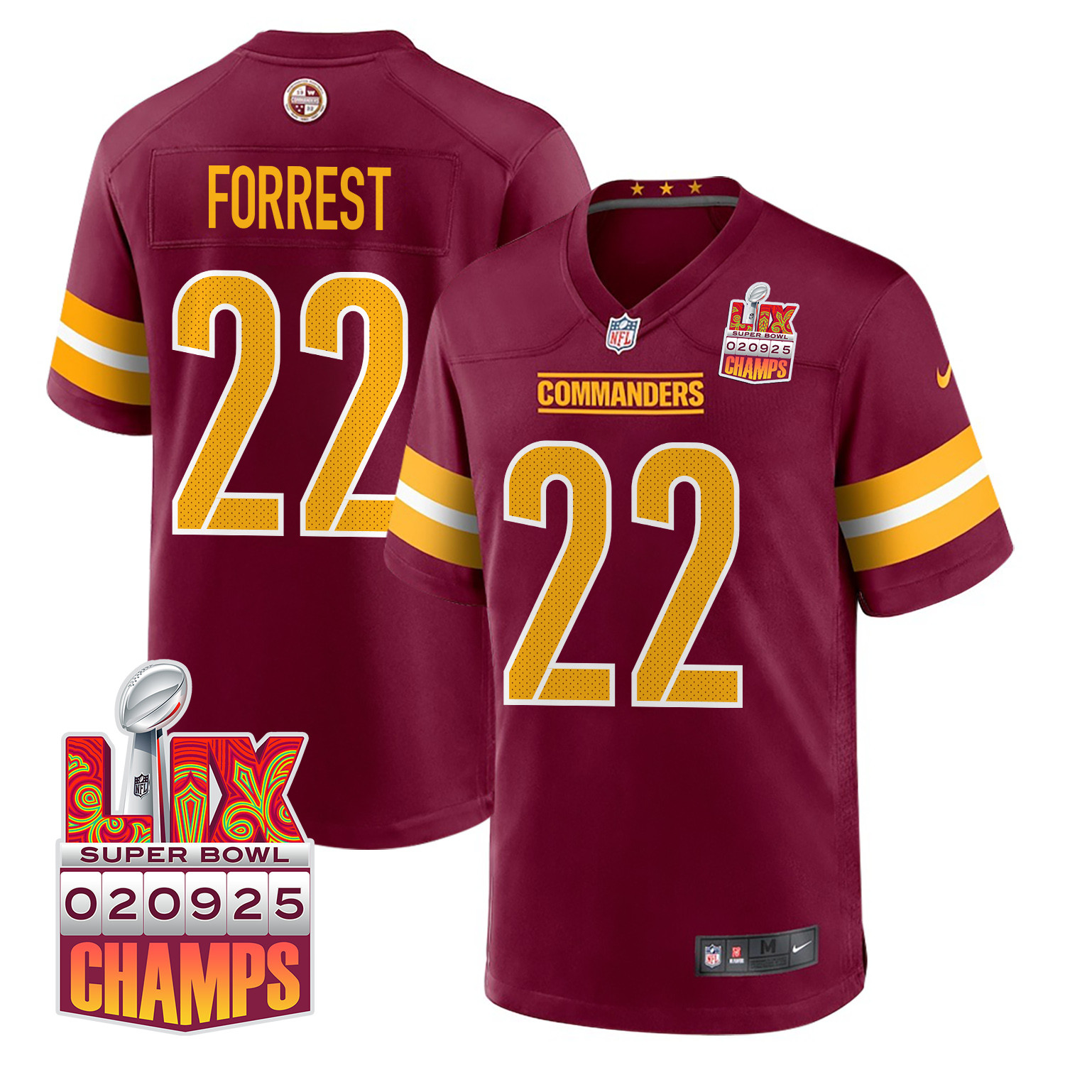 Darrick Forrest 22 Washington Commanders Super Bowl LIX Champions Patch Game Burgundy NFL Jersey Men's