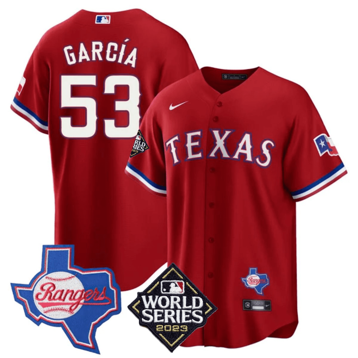 Adolis Garcia 53 Texas Rangers 2023 World Series Texas State Patch Red MLB Jersey Men's