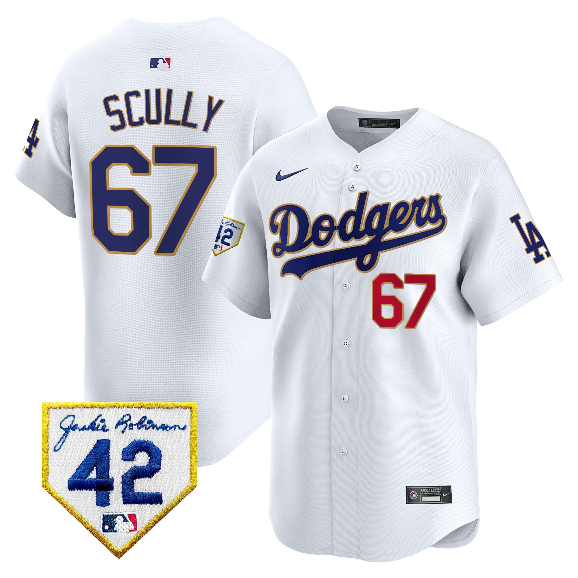 Vin Scully 67 Los Angeles Dodgers 2024 Jackie Robinson Patch White MLB Jersey Men's
