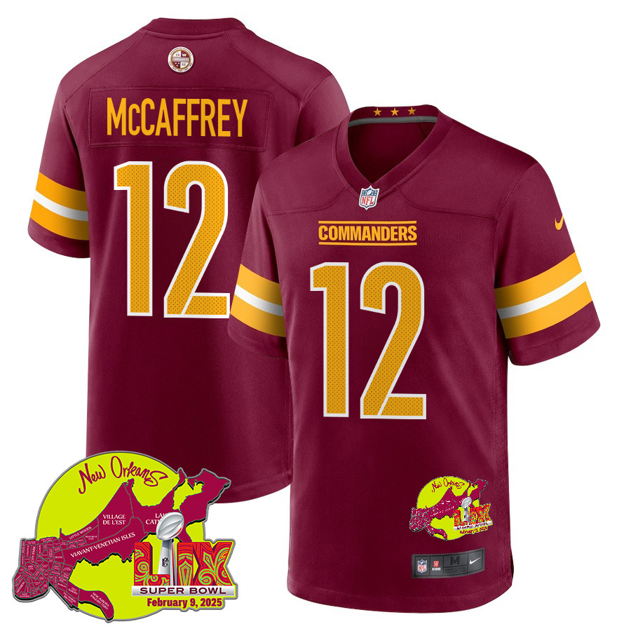 Luke McCaffrey 12 Washington Commanders Super Bowl LIX New Orleans Patch Game Burgundy NFL Jersey Men's