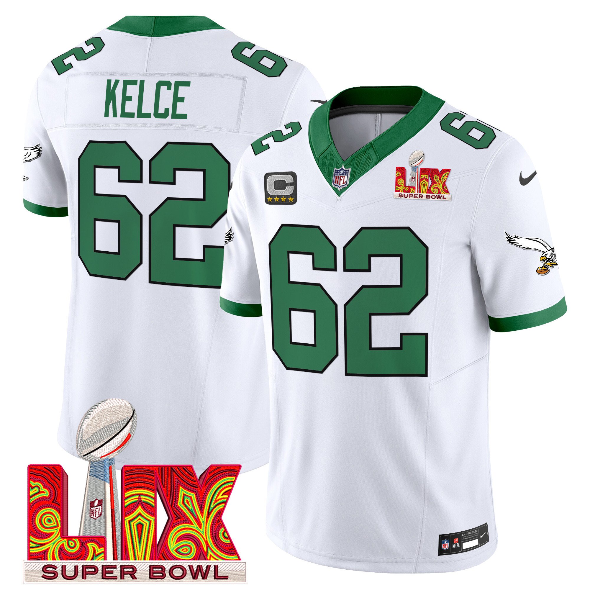 Jason Kelce 62 Philadelphia Eagles Kelly Green Super Bowl Champions LIX Patch Vapor Limited White NFL Jersey Men's