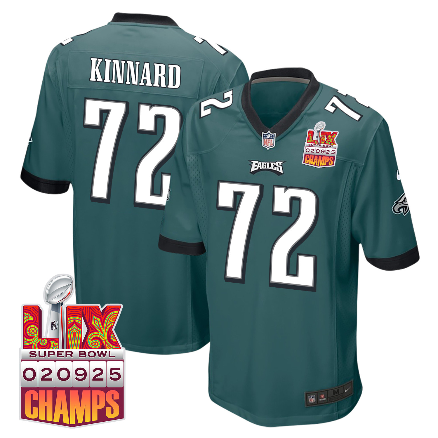 Darian Kinnard 72 Philadelphia Eagles Super Bowl LIX Champions Patch Game Midnight Green NFL Jersey Men's