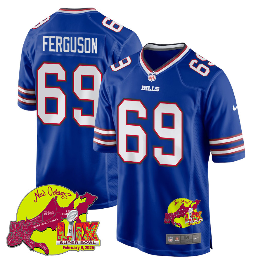 Reid Ferguson 69 Buffalo Bills Super Bowl LIX New Orleans Patch Game Royal NFL Jersey Men's