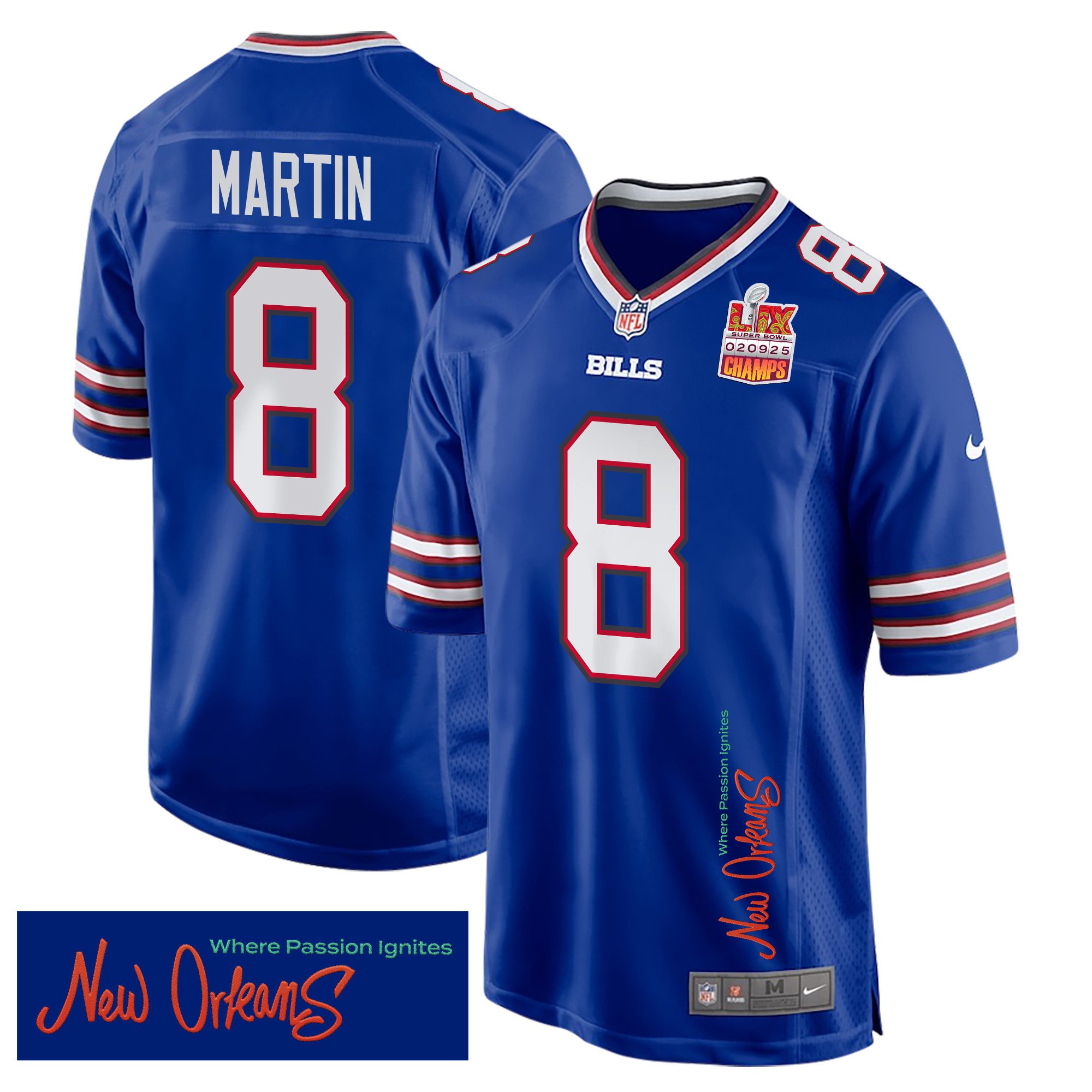 Sam Martin 8 Buffalo Bills Super Bowl LIX Champions Patch New Orleans Where Passion Ignites' EMBROIDERED Game Royal NFL Jersey Men's