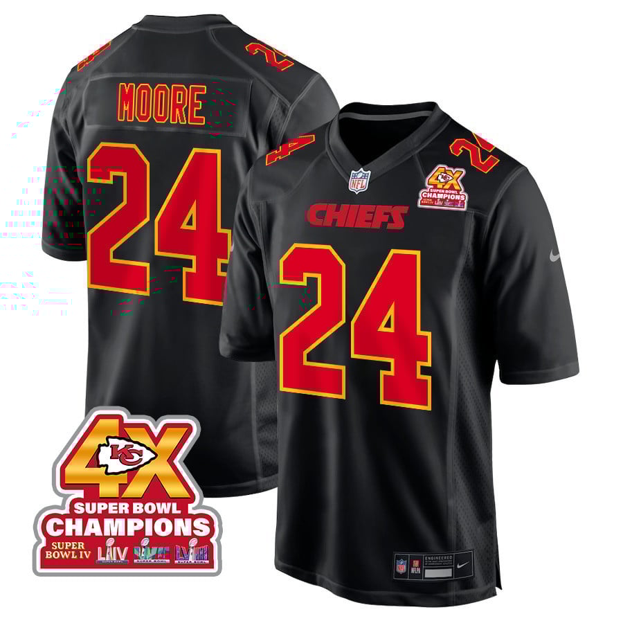 Skyy Moore 24 Kansas City Chiefs Super Bowl LVIII Champions 4X Fashion Game Carbon Black NFL Jersey Men's