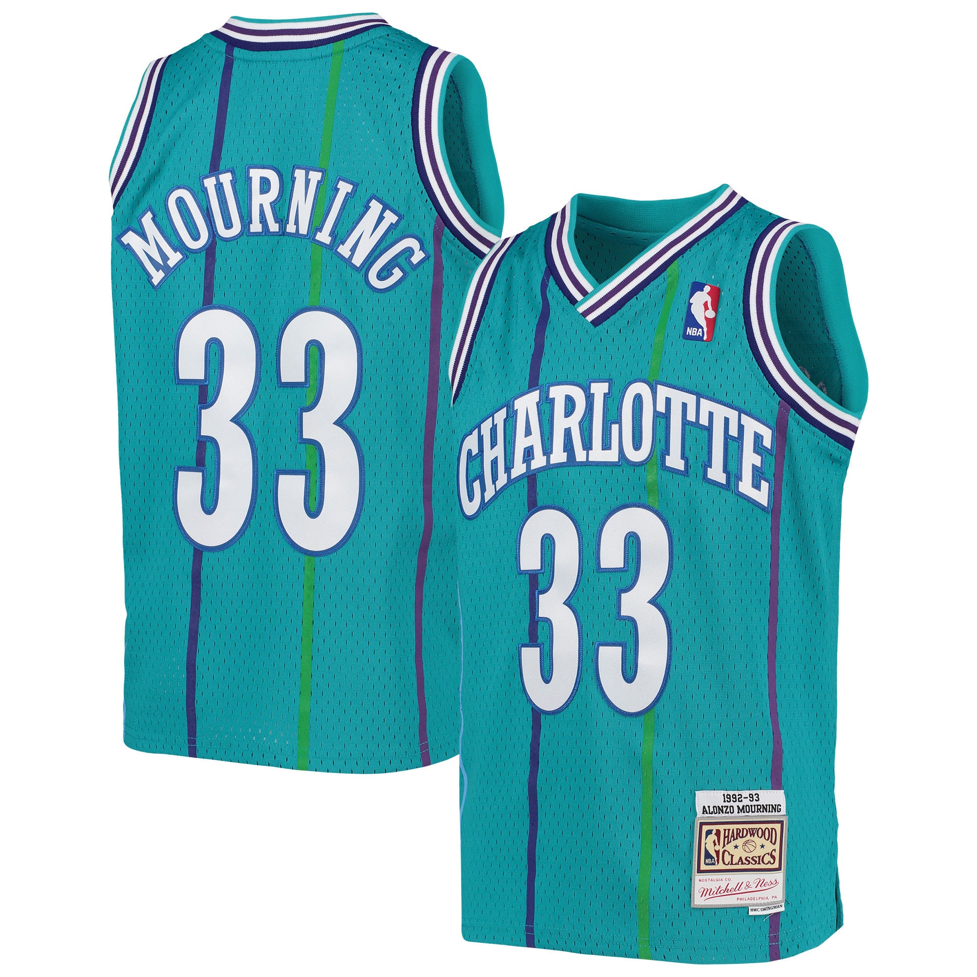 Mitchell Ness Alonzo Mourning Teal Charlotte Hornets 1992/93 Hardwood Classics Swingman NBA Jersey Youth